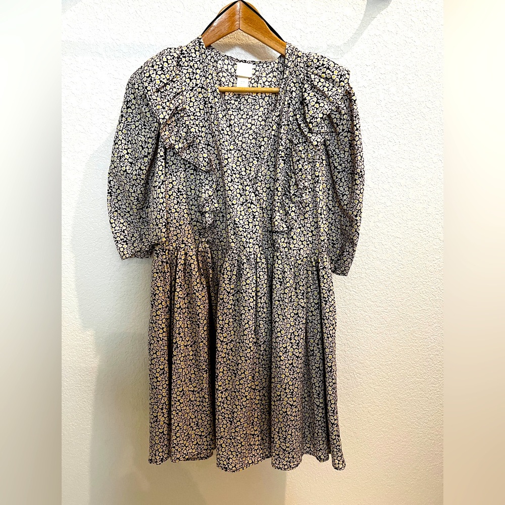 H&M black and white floral long sleeve ruffled dress XS